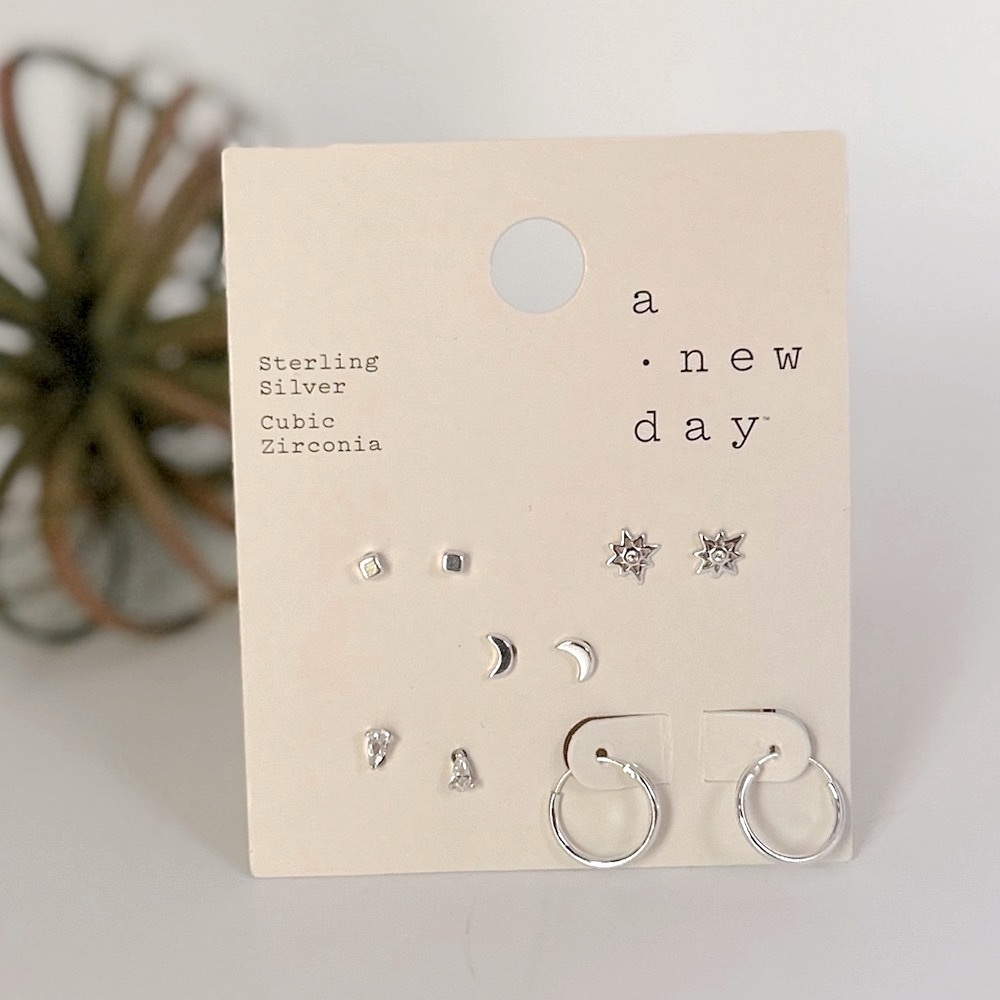 Sterling Silver Cubic Zirconia Celestial Moon Star Hoop Earring 10 Piece Set